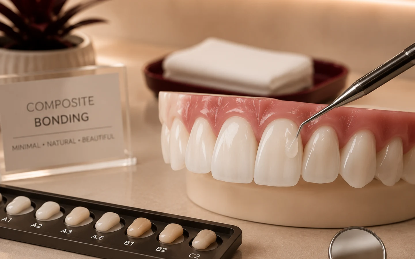 Composite bonding material being carefully applied to a dental model