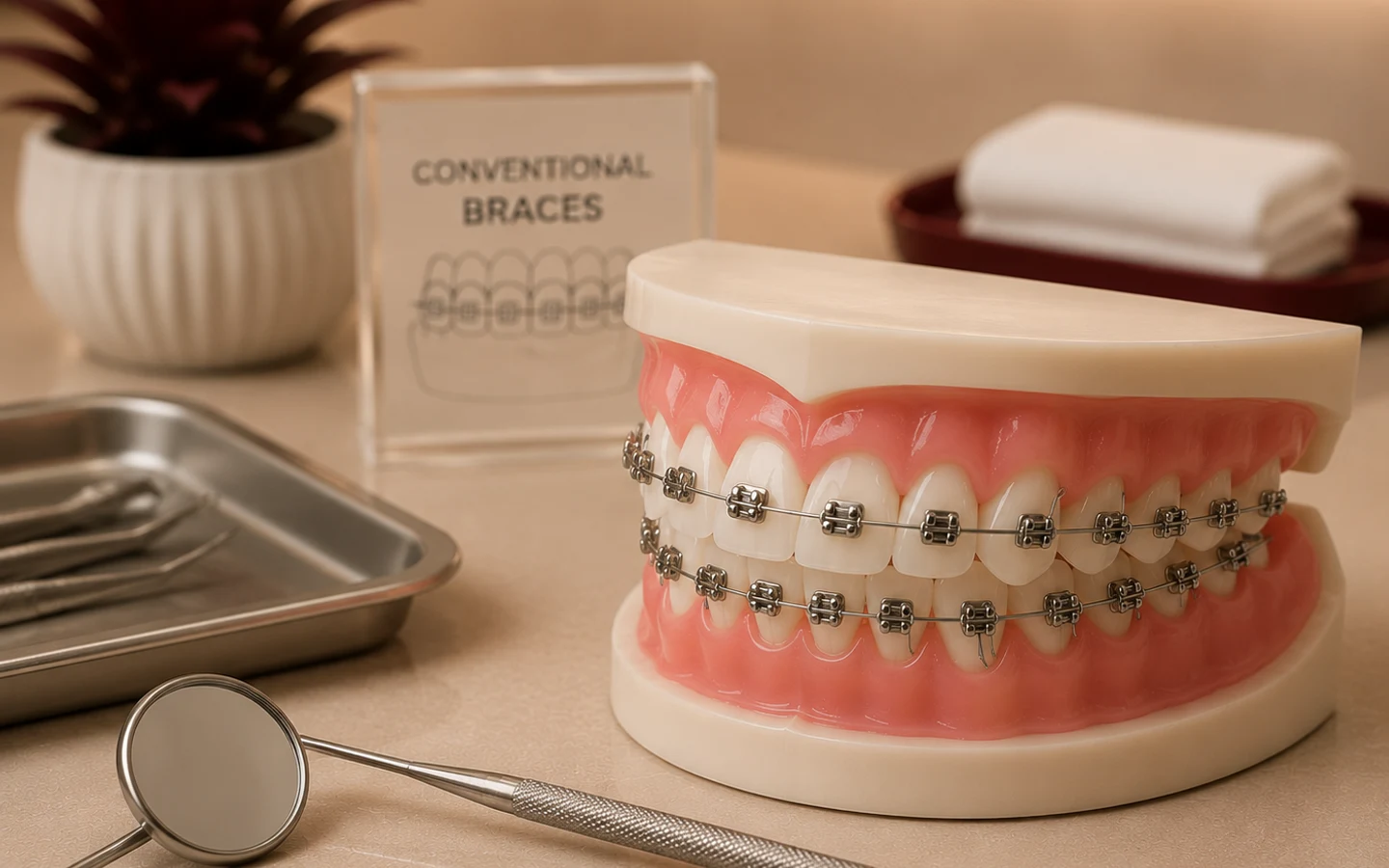 Conventional metal braces fitted to a dental model