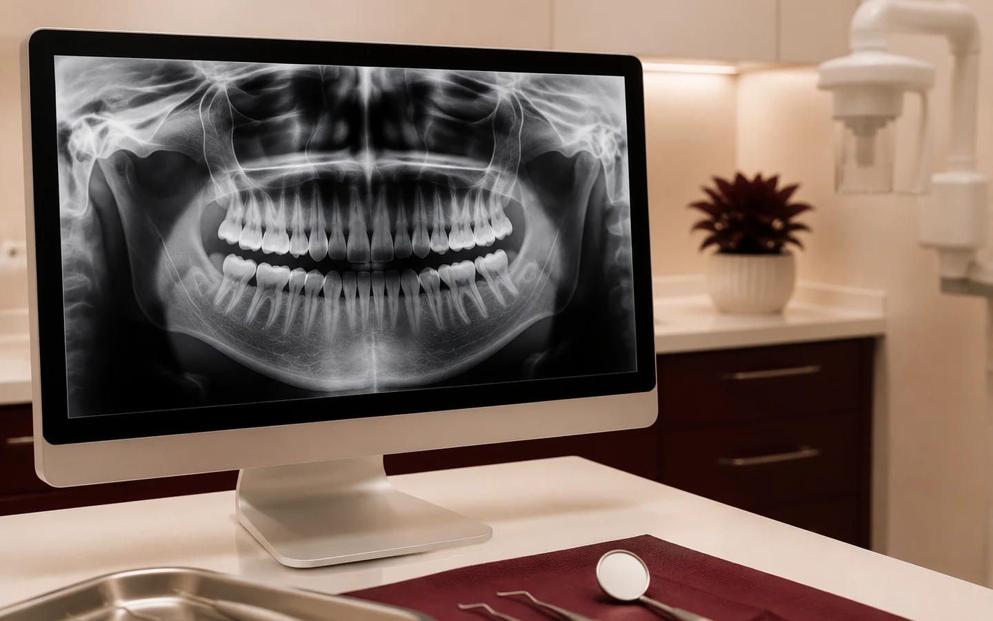 Digital panoramic dental X-ray displayed in a modern treatment room