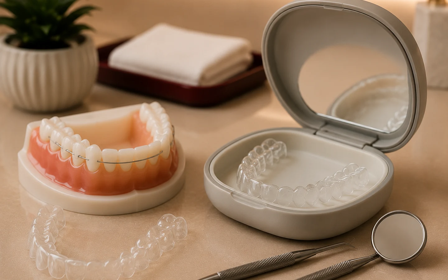 Clear and fixed dental retainers displayed in a modern clinic setting