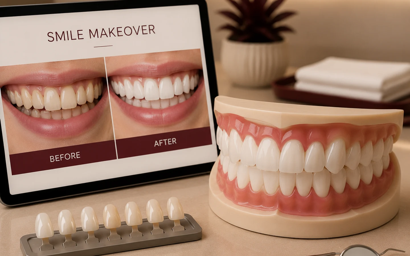 Smile makeover planning displayed beside a dental model