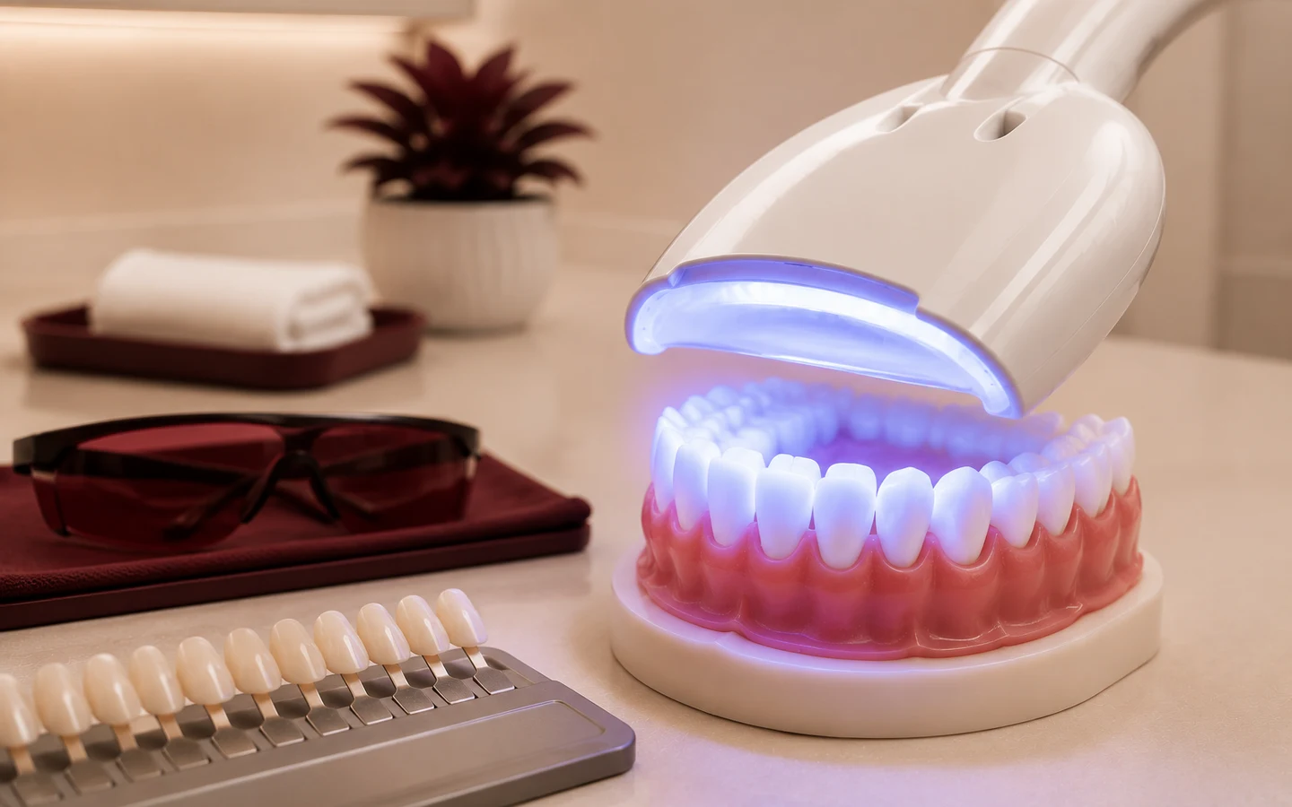 Professional teeth whitening lamp positioned over a dental model