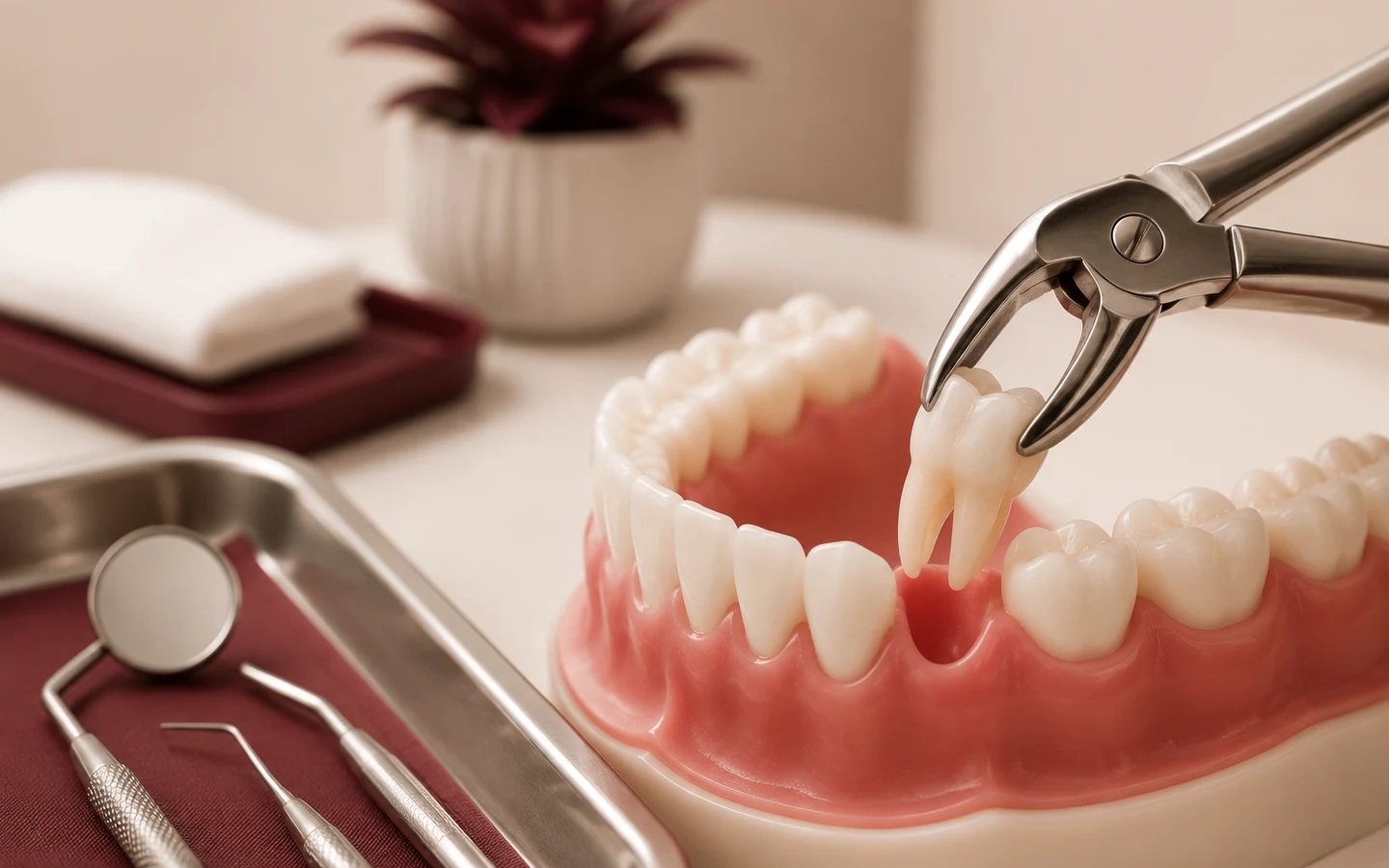Dental model demonstrating careful tooth extraction